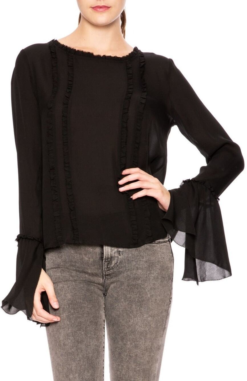L'Agence Gilda Blouse Sheer Ruffle Black Silk Flared Sleeve Top Size XS